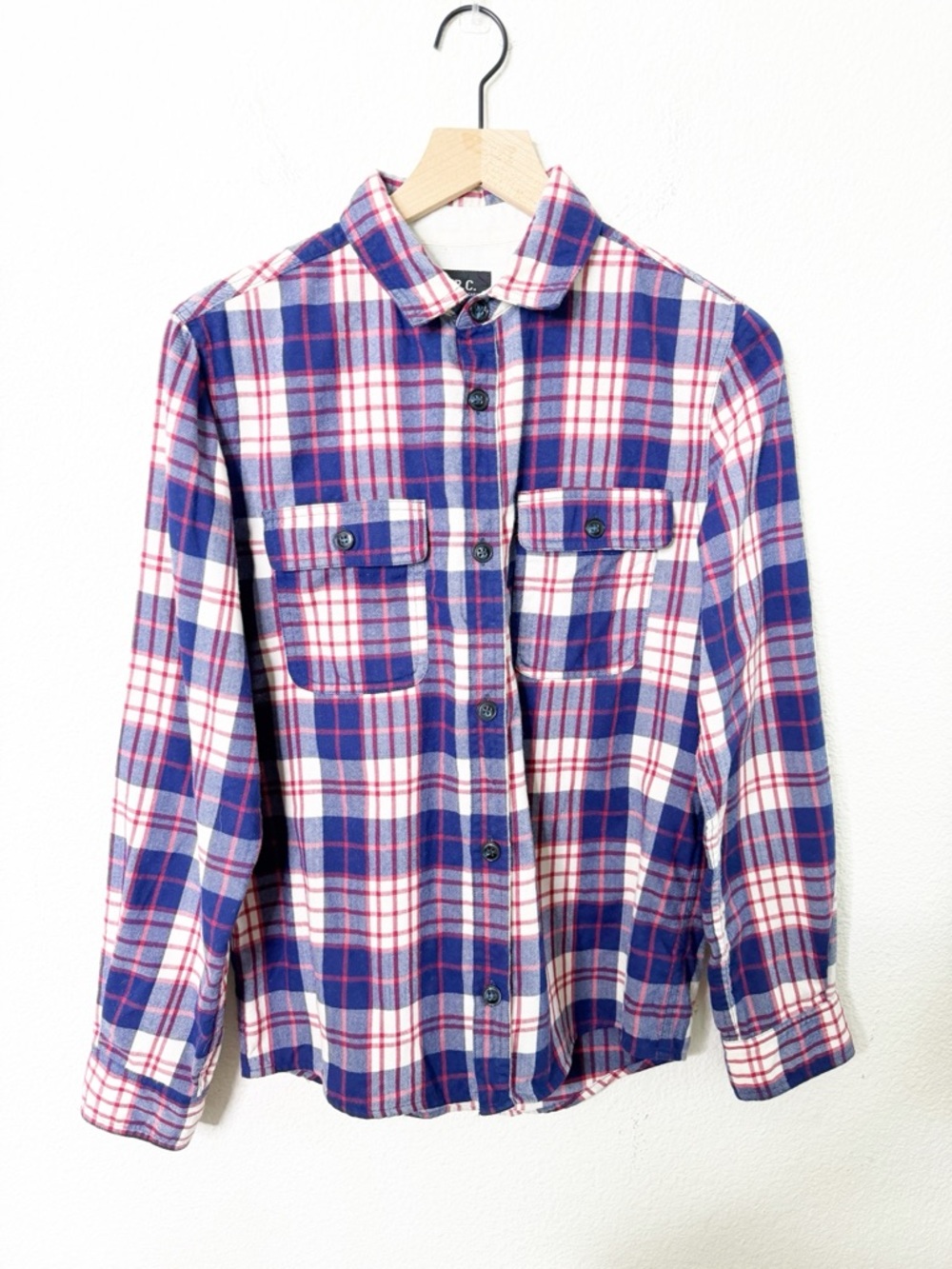 A.P.C. Plaid Wool Blue Red Flannel Shirt Button‎ Down Long Sleeve Mens Size M